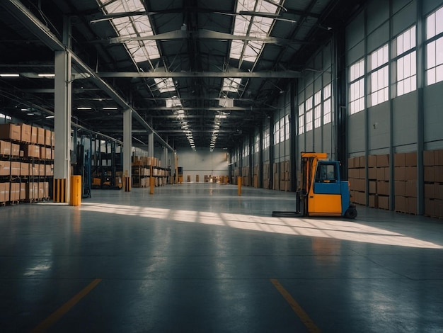 Photo a warehouse with a blue and yellow tractor inside