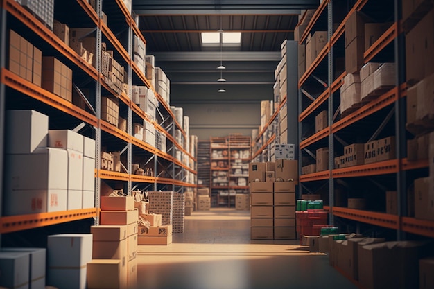 A warehouse with boxes on the shelves and a skylight.