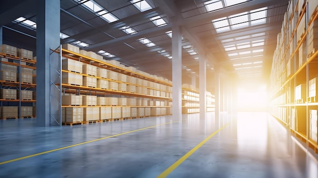 A warehouse with a bright light shining on the floor.