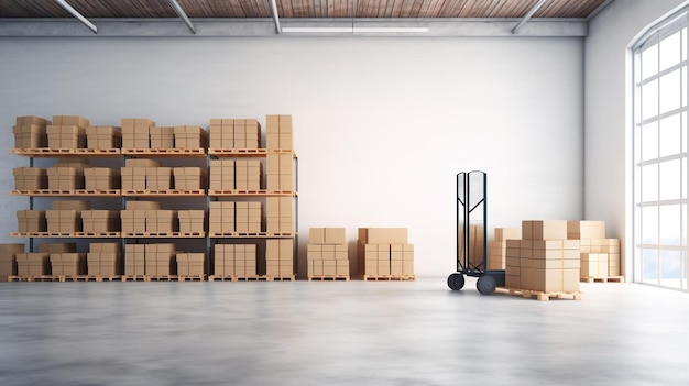 Warehouse with cardboard boxes and a trolley next to it on a light background Warehouse storage