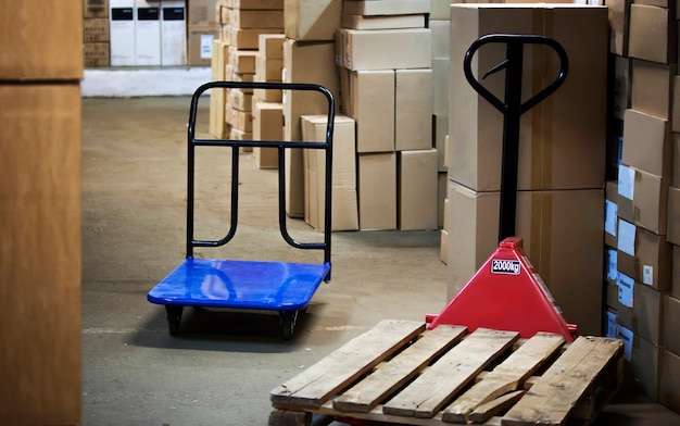 Warehouse with goods in boxes and trolleys for transportation of goods close-up.