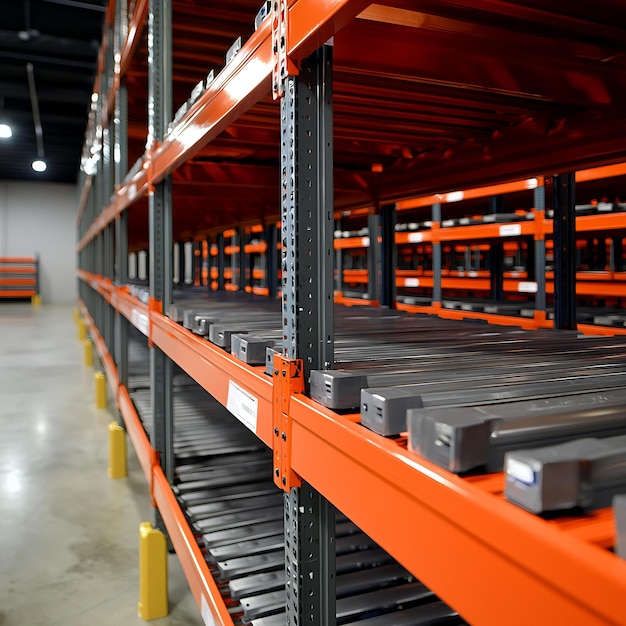 Photo a warehouse with a large warehouse full of metal shelves