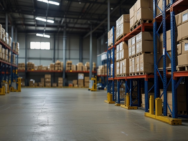 a warehouse with a large warehouse with boxes and boxes in it