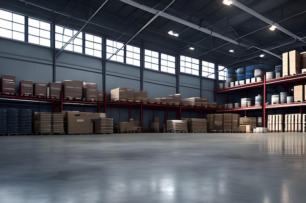 A warehouse with a large warehouse with a large warehouse floor and shelves full of boxes.