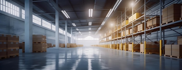 A warehouse with a lot of boxes on the floor