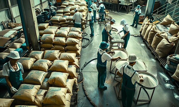 a warehouse with a man working in it and a bag of flour