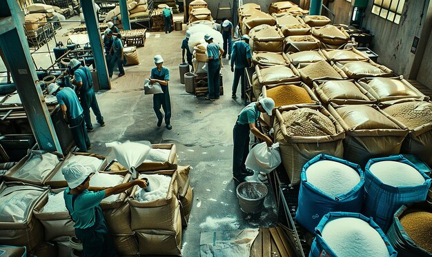 a warehouse with a man working in it and a bag of flour