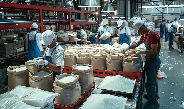 a warehouse with a man working in it and a bag of flour