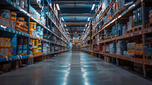 a warehouse with many shelves that are full of products