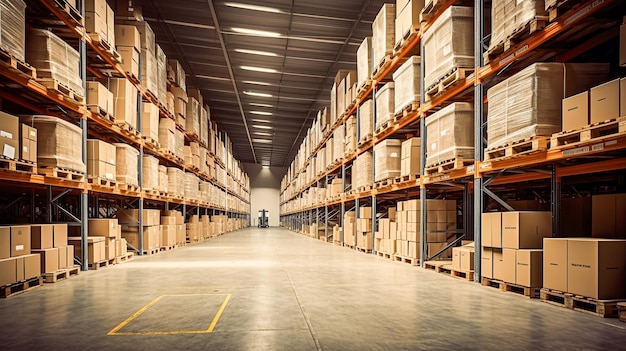 A warehouse with a pallet of boxes on the shelves