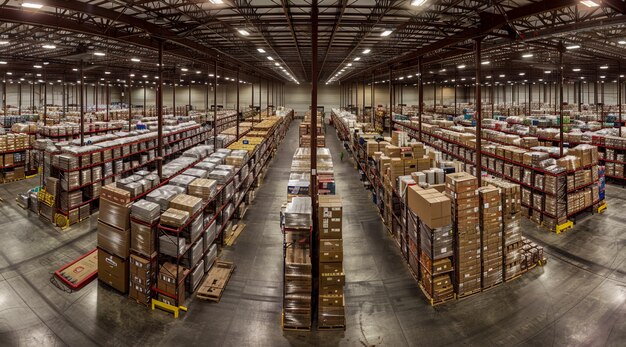 A Warehouse With Racks and High Shelves Filled With Boxs Delivery and Logistics Business