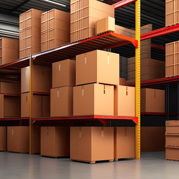 A warehouse with shelving and cardboard boxes