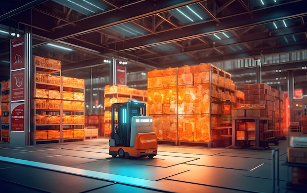 A warehouse with a small orange vehicle in front of a large box with the word food on it.