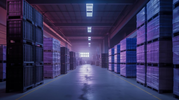 A warehouse with stacks of pallets in the middle of the floor.