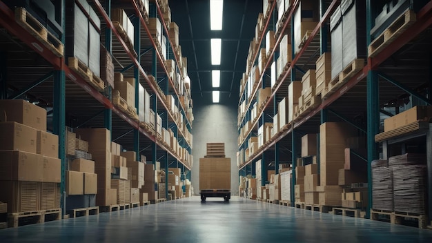 a warehouse with a truck inside of it that says the word on the side