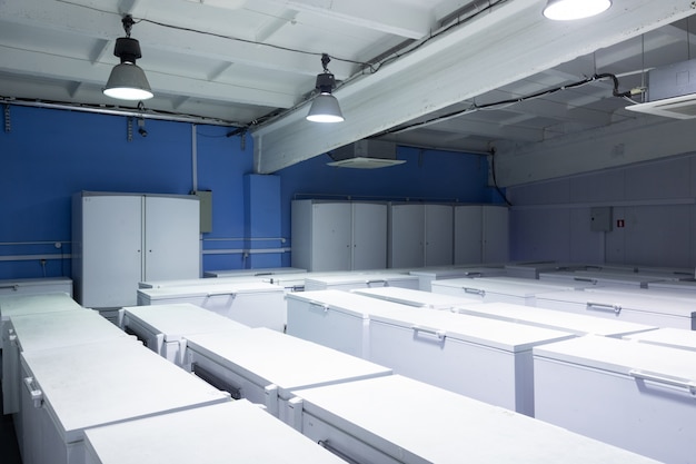 Warehouse with white refrigerators