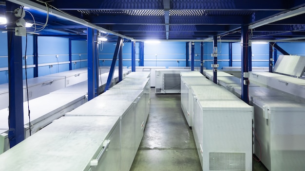 Warehouse with white refrigerators