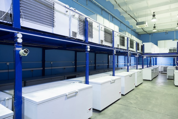 Warehouse with white refrigerators