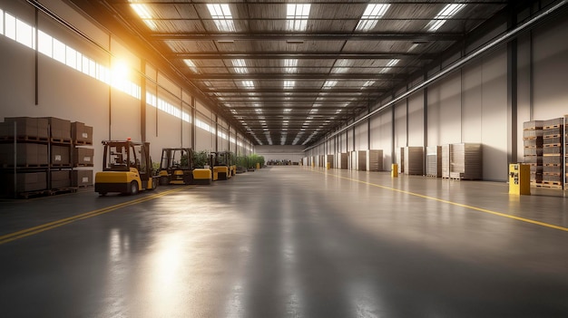 Photo a warehouse with a yellow tractor inside of it