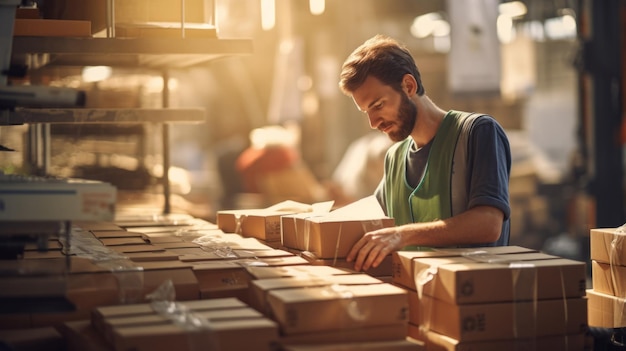 Warehouse worker checking boxes overtime employee meeting shipping deadlines