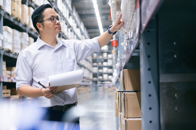 Warehouse worker checking goods at warehouse. 