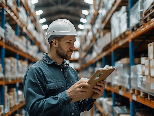 Warehouse Worker Checking Inventory in a Modern Distribution Center