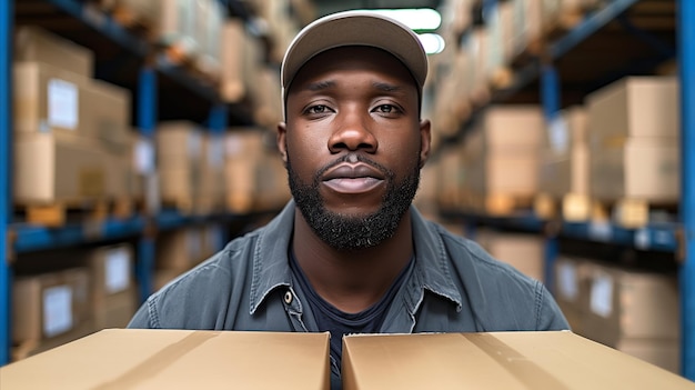 Warehouse Worker Holding Cardboard Box During Shift