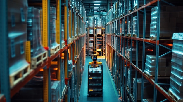 Warehouse worker operating a forklift in a large storage facility