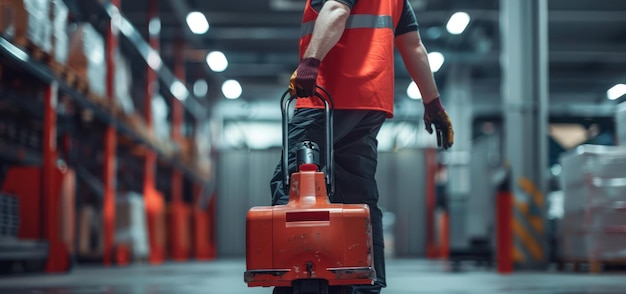 Photo warehouse worker pushing a cart