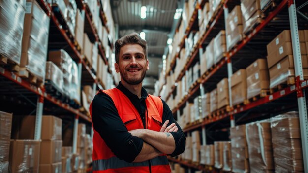 Photo the warehouse worker standing proudly