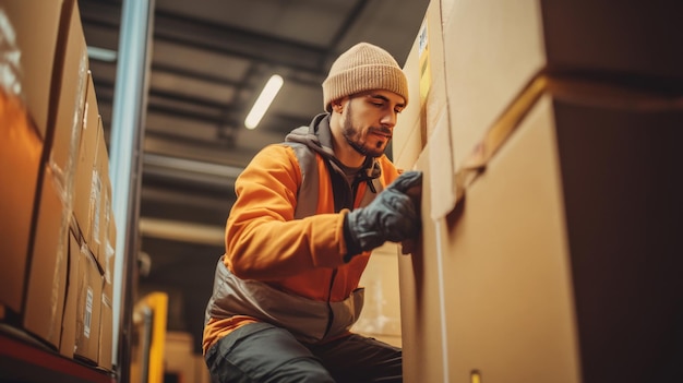 A warehouse worker wearing a beanie gloves and an orange vest is kneeling