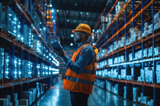 Warehouse worker wearing hardhat and safety vest using tablet to check inventory in distribution center