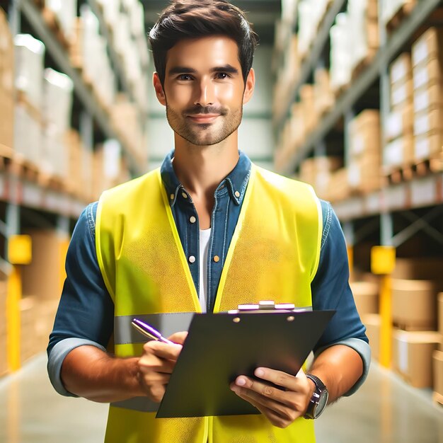 Warehouse worker with clipboard in a distribution center wearing a safety vest and smiling