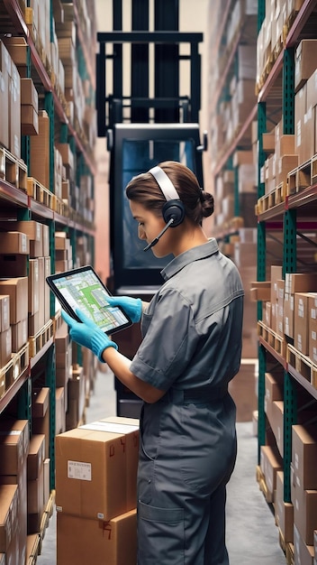 Warehouse worker with parcels with tablet