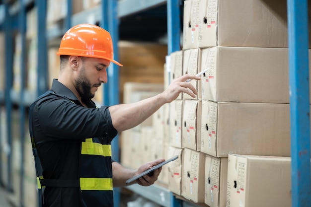 Warehouse worker working in warehouse stock checking inventory production stock control Warehouse control and management business factory industry logistics warehouse people