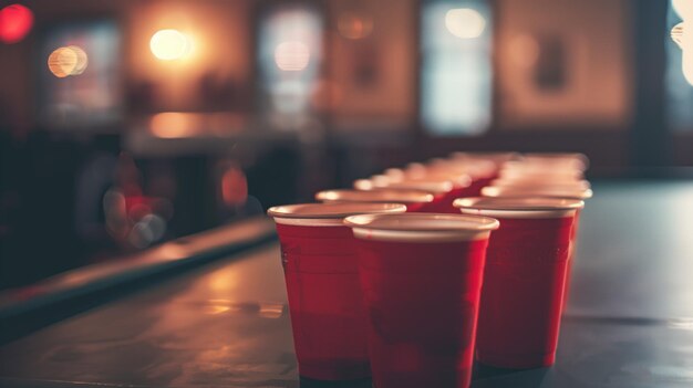 A warm ambiance envelops a line of red party cups arranged neatly on a bar counter