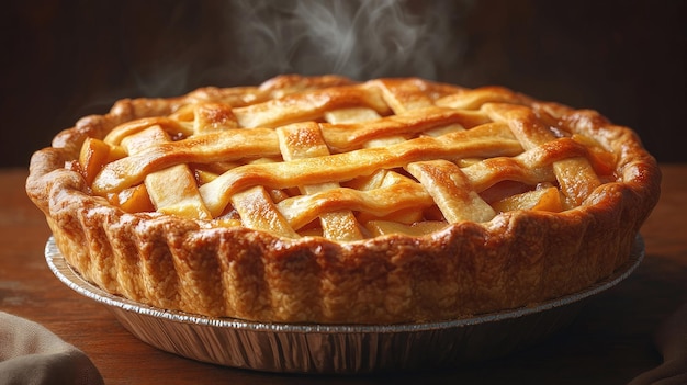 Warm apple pie golden crust with steam rising soft ambient lighting rustic and comforting tones