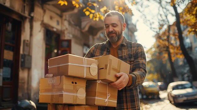 Warm Autumn Afternoon Delivering Packages on a Charming City Street Filled With Golden Leaves