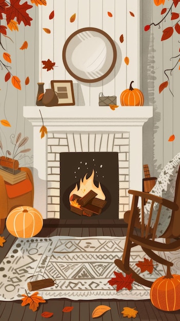 Warm Autumn Fireplace Interior with Pumpkins and Leaves