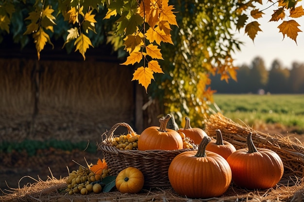 Warm Autumn Foliage and Harvest Scene on Background