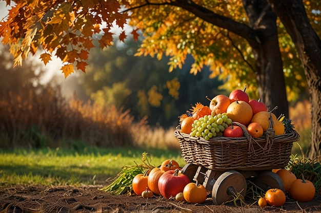 Warm Autumn Foliage and Harvest Scene on Background