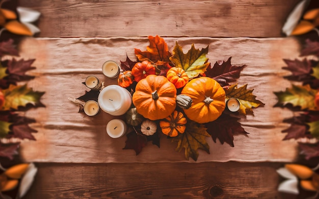 Photo warm autumn table with pumpkins and candles space for text or logo