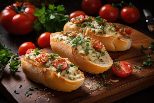 Warm baguette with bruschetta cheese and fresh herbs