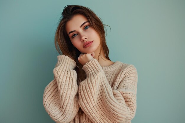 Warm Beige Sweater Sophistication Beautiful woman in Elegant Lifestyle Portrait with Light Mint background Perfect for Refined Fashion and Timeless Style