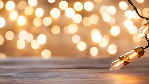 Photo warm bokeh lights and wooden surface background