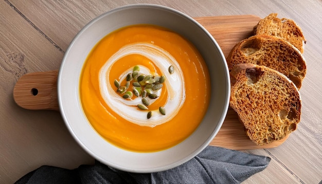 A warm bowl of creamy butternut squash soup garnished with a swirl of cream and toasted pumpkin