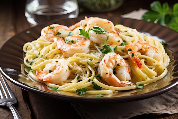 Warm bowl of shrimp scampi with linguine and fresh herbs