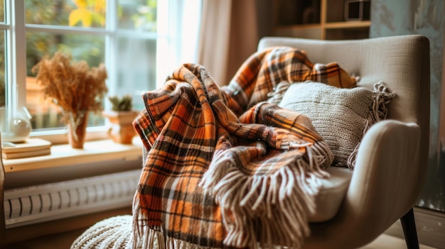 Photo a warm brown plaid blanket draped over a comfortable chair in a cozy corner