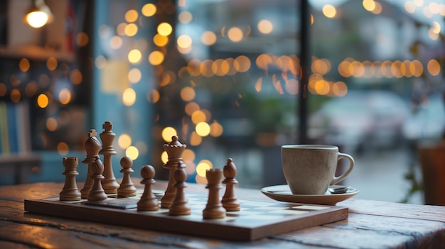 Warm Caf Ambiance with Intricate Chess Pieces Coffee Cups and Players Deep in Thought