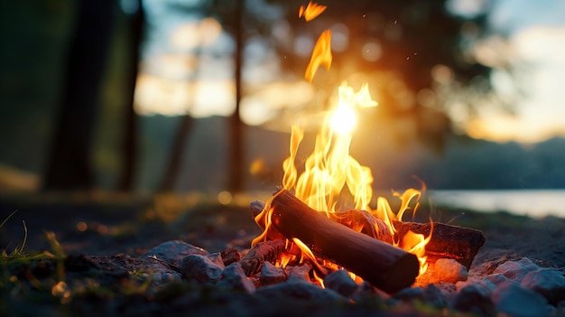 A warm campfire burning with logs surrounded by nature during a serene sunset